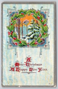 Holiday~Merry Christmas & Happy New Year~Holly Wreath~Nash PM 1915 Postcard