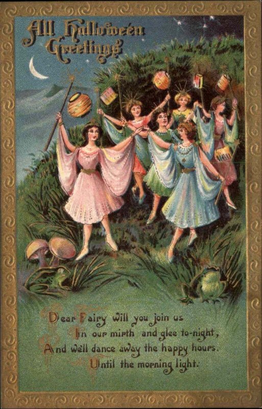 Halloween Pretty Woman Cotumes Lanterns #2171 c1910 Postcard EXC COND