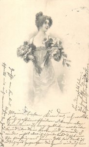B572 Glamor beauty drawn fancy lady with flowers postcard 1902
