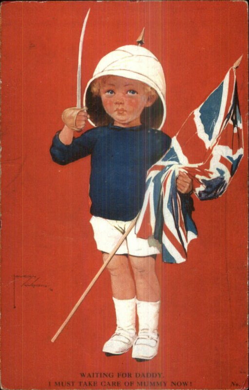 Little Patriotic British Boy Flag Sword Pith Helmet Lawson Wood Postcard c1915