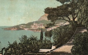 Vintage Postcard 1910s Monaco Les Jardins Une Allee Lake Trees Nature Attraction