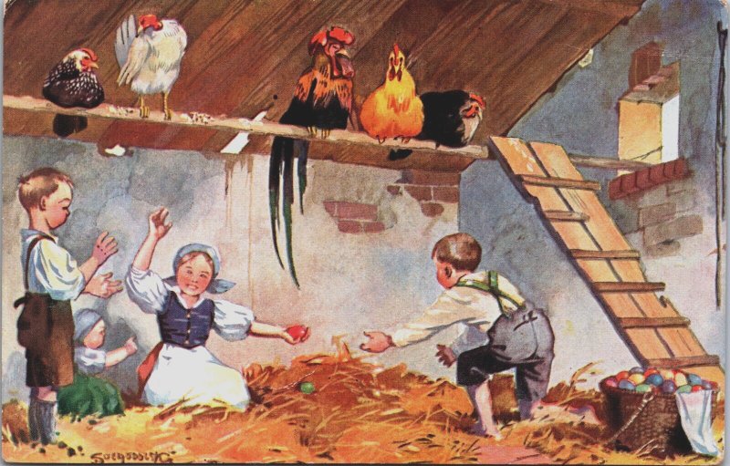 Children In The Chicken Coop Vintage Postcard C187