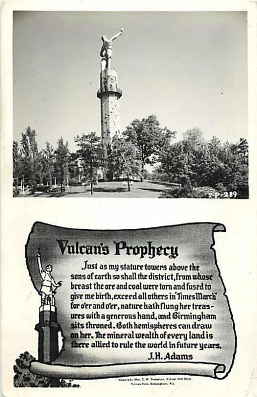 RPPC of Vulcan's Monument and Prophecy by J.H. Adams Birmingham AL