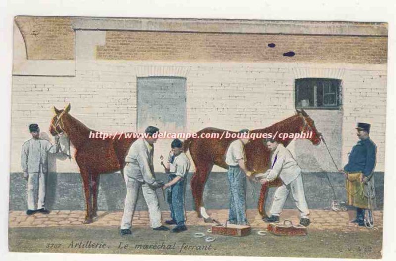 Artillery Marechal shoeing horses blacksmith farrier life in uniform barracks...