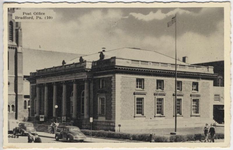 Bradford PA Post Office Building Flag Bicycle Old Autos Postcard