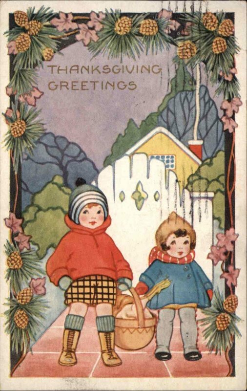 Whitney Thanksgiving Children With Basket c1920 Vintage Postcard 