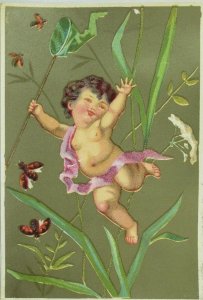 1880's Lovely Cherub Catching Butterflies Insects Victorian Trade Card P32