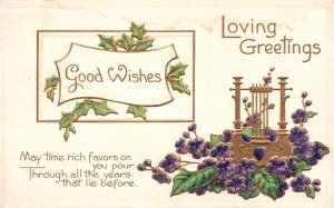 Vintage Postcard 1910 Good Wishes Loving Greetings Harp Music & Purple Flowers