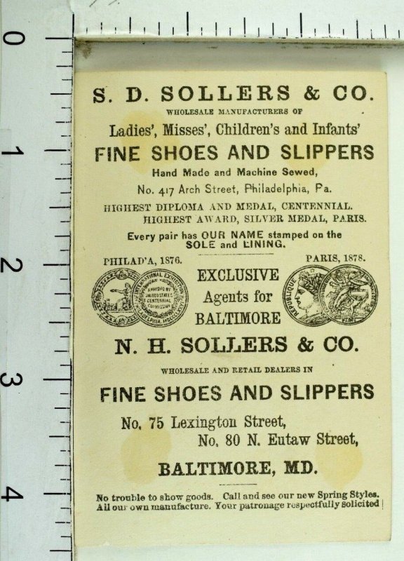 1876 Centennial Expo Queen of The Ball, Sollers & Co Shoes Trade Card #2 F103