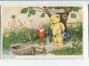 3118023 GNOME Elf & TEDDY BEAR near Boat by BAUMGARTEN Vintage