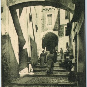 c1910s San Remo, Italy Old City Narrow Alley Cobblestone Street Women Steps A344