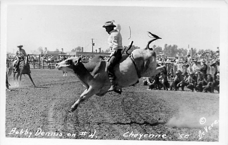 Cheyenne WY Bobby Dennis on Bull #4 1950 De Vere Real Photo Postcard