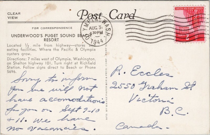 Olympia WA Underwood's Puget Sound Beach Resort Crochet c1944 Litho Postcard G62