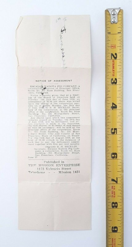 1930 San Francisco Escalon Kadota Fig Co. Notice Assessment Hand Written Receipt