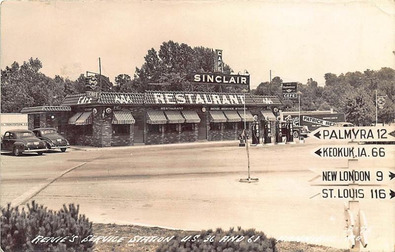 Hannibal MO Renie's Sinclair Service Station Gas Pumps Restaurant RP Postcard