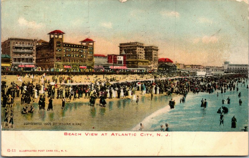 Vtg 1907 Crowded Beach View Hotels Atlantic City New Jersey NJ Postcard