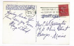 Boston, Massachusetts to Bangor, Maine 1954 used Linen Postcard, Tremont Street