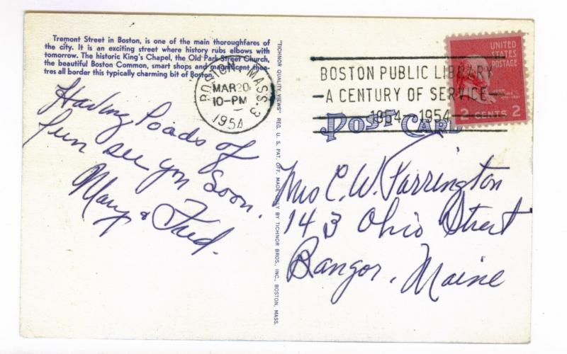 Boston, Massachusetts to Bangor, Maine 1954 used Linen Postcard, Tremont Street
