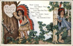 Valentine American Indian Boy Carves Love Note Into Tree Vintage Postcard