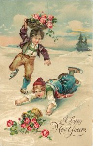 Postcard 1908 New Year Ice Skating girl Fall Flower Basket TP24-2074