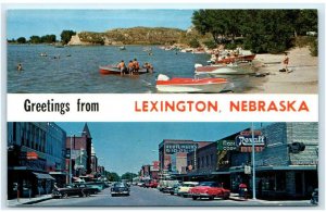 LEXINGTON, NE ~ Johnson Lake &  STREET SCENE ~ Rexall c1950s Cars Postcard