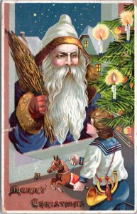 Postcard Merry Christmas - Santa in blue brown fur toys boy tree embossed