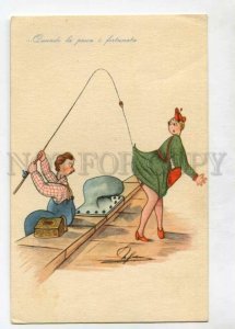 A Fishermen With Hook Catching Fish Fishing Art Vintage Pic