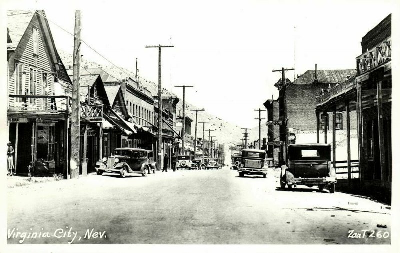 Virginia City, Nevada, Street Scene, Cars (1950s) RPPC Postcard