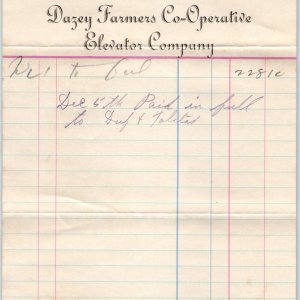 1911 Dazey ND Farmers Co-Operative Elevator Statement Letterhead Receipt Coop R2