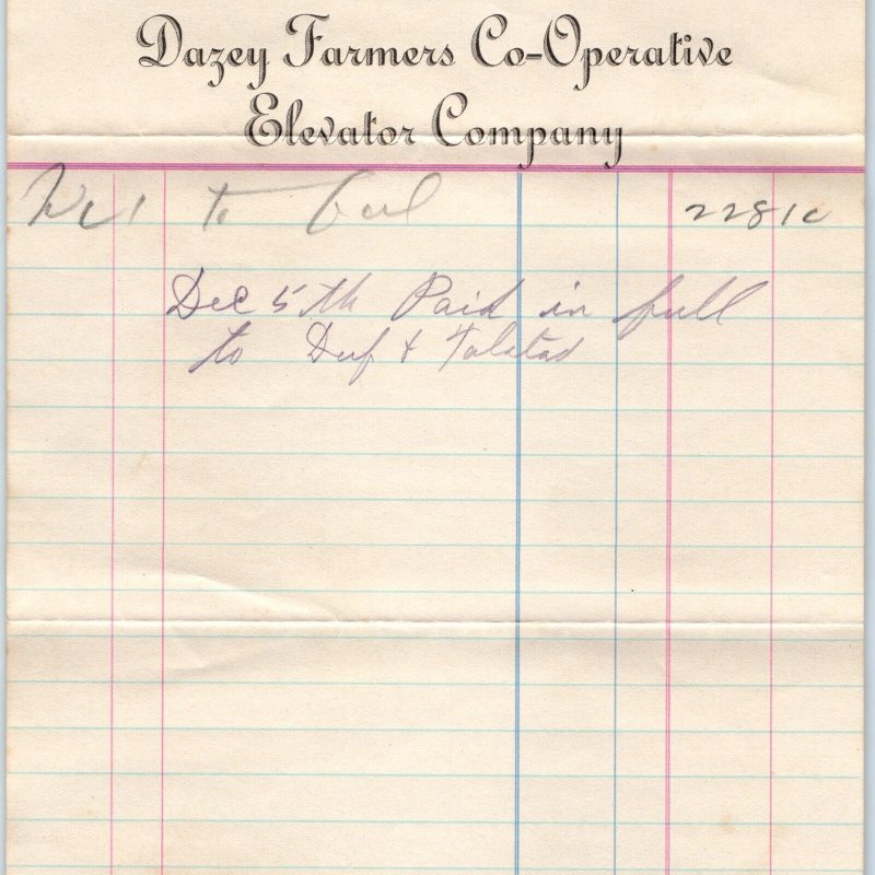 1911 Dazey ND Farmers Co-Operative Elevator Statement Letterhead Receipt Coop R2