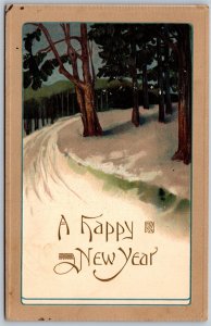 Vtg Happy New Year Greetings Country Road Winter Scene 1910s Postcard