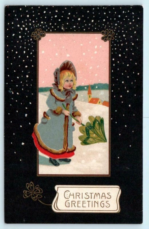 CHRISTMAS GREETINGS Little Girl on Black Background c1910s Rotograph Postcard