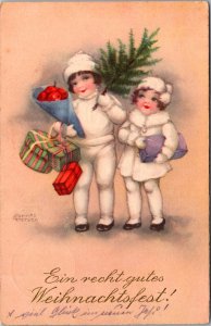 Children in Snow Clothes, Happy Christmas, German, Hannes Petersen Postcard Y52