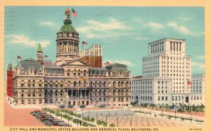 Vintage Postcard 1939 City Hall Municipal Office Bldg. Memorial Plaza Balt. MD