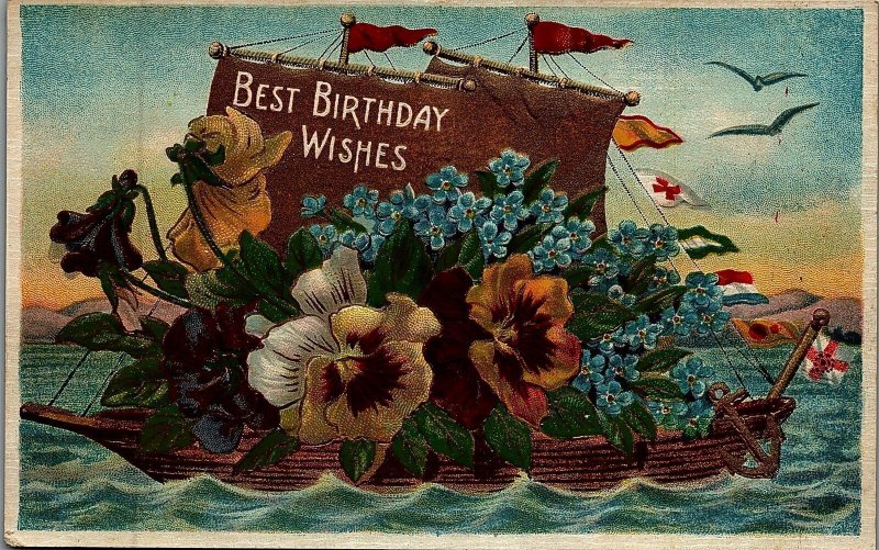 c1908 BIRTHDAY GREETINGS CONSHOHOCKEN PA FLORAL SHIP EMBOSSED POSTCARD 26-296