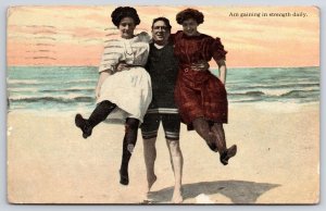 1912 Photograph Two Ladies And A Gentleman Beach Souvenir Posted Postcard