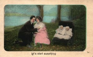 Vintage Postcard 1912 Let's Start Something Couple with Their Two Children Lake