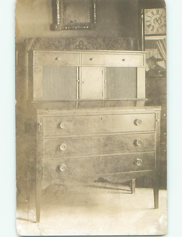 Bent Pre-1918 rppc ANTIQUE CLOCK BESIDE OLD DRESSER Glen Cove Maine ME o1424