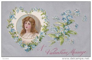 A Valentine Message, Portrait of brunette, heart shaped frame, Forget-Me-Nots...