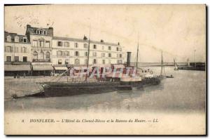 Old Postcard Honfleur L & # 39Hotel of White Horse and Boat Harbor