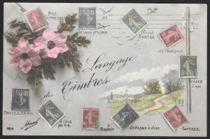 FRANCE Stamps on Postcard Language of Stamps Flowers Used c1912