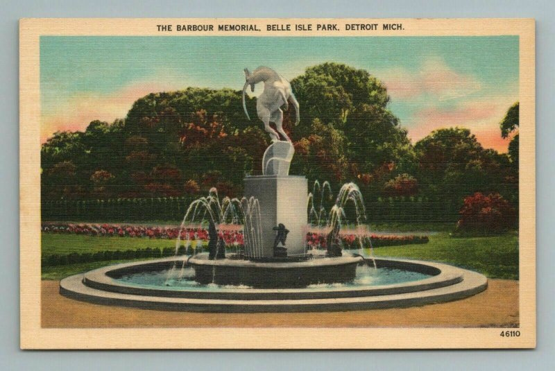 Barbour Memorial Belle Isle Park Fountain Detroit Michigan MI Postcard