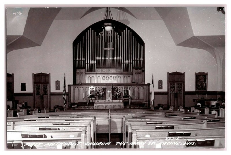 RPPC First Methodist Church, Pipe Organ, Racine, WI Real Photo Postcard *7G8