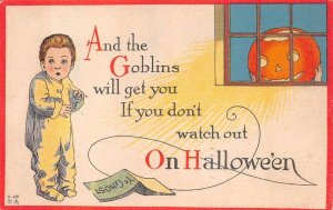 JOL CHILD GHOST BOOK GOBLINS HALLOWEEN HOLIDAY CANADA POSTCARD 1914