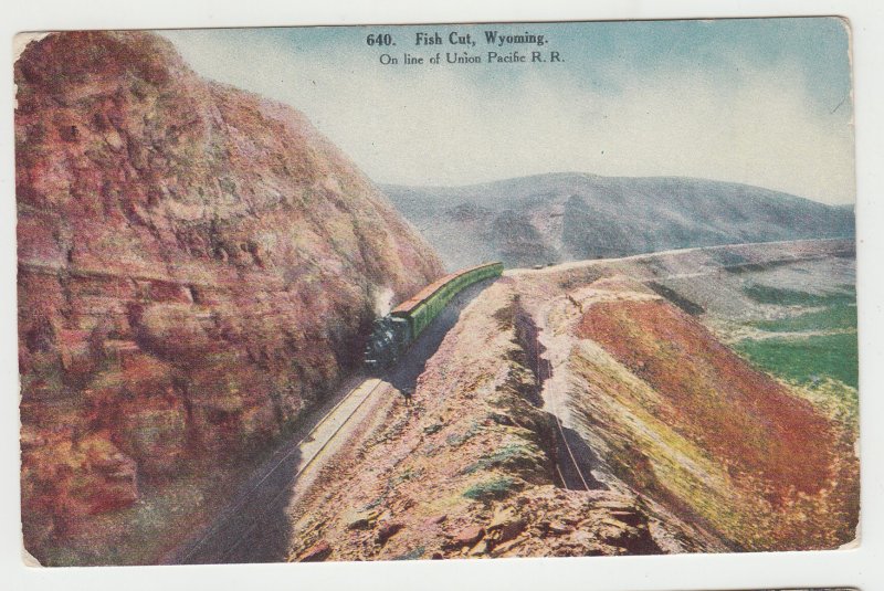 P2921, 1909 postcard the union pacific RR railroad train fish cut wyoming view