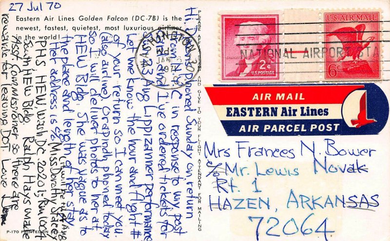 Eastern Air Lines Falcon DC-7B Postcard Used Eastern Air Parcel Post Label