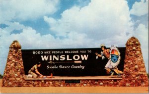 Winslow AZ Welcome Sign Snake Dance Country c1955 Vintage Postcard F73