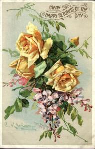 HAPPY RETURNS C Klein Yellow Roses c1910 Postcard