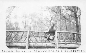 H93/ Rockford Illinois RPPC Postcard c1910 Bridge Sinnissippi Park Man 124