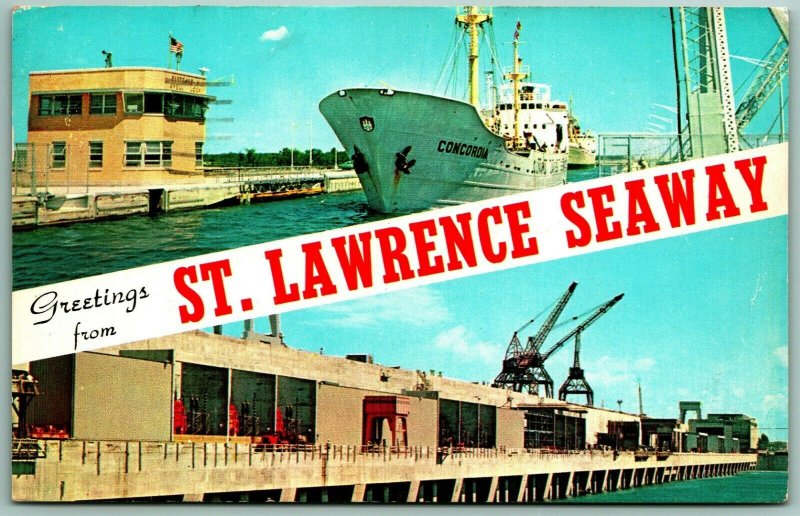 Dual View Banner Greetings St Lawrence Seaway New York NY Chrome Postcard I8